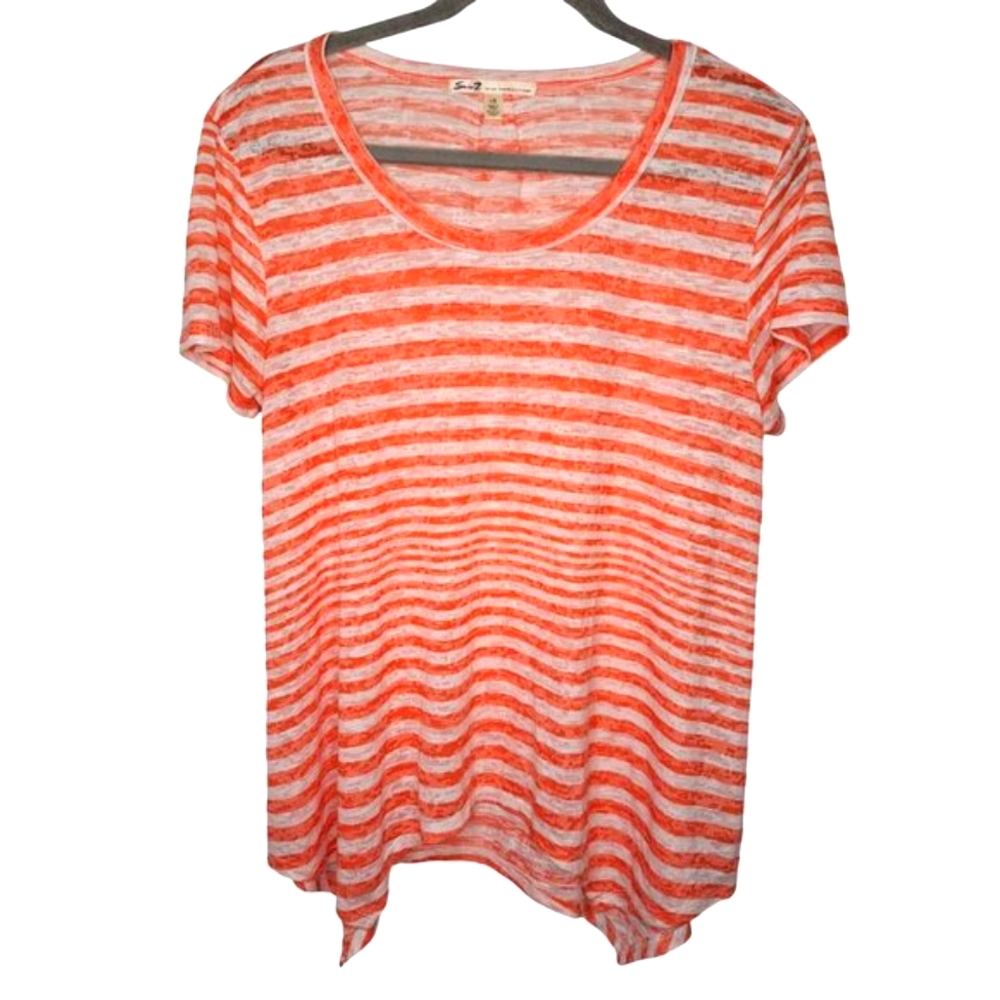 Seven7 Red Striped Lightweight Uneven Hem Short Sleeve Tee Size Large